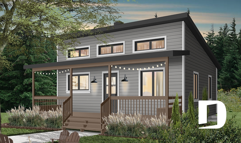 Version couleur no. 1 - Vue avant - Plan de chalet économique avec sous-sol, balcon couvert, une chambre, poêle à bois, cathédral - Le Relais 2