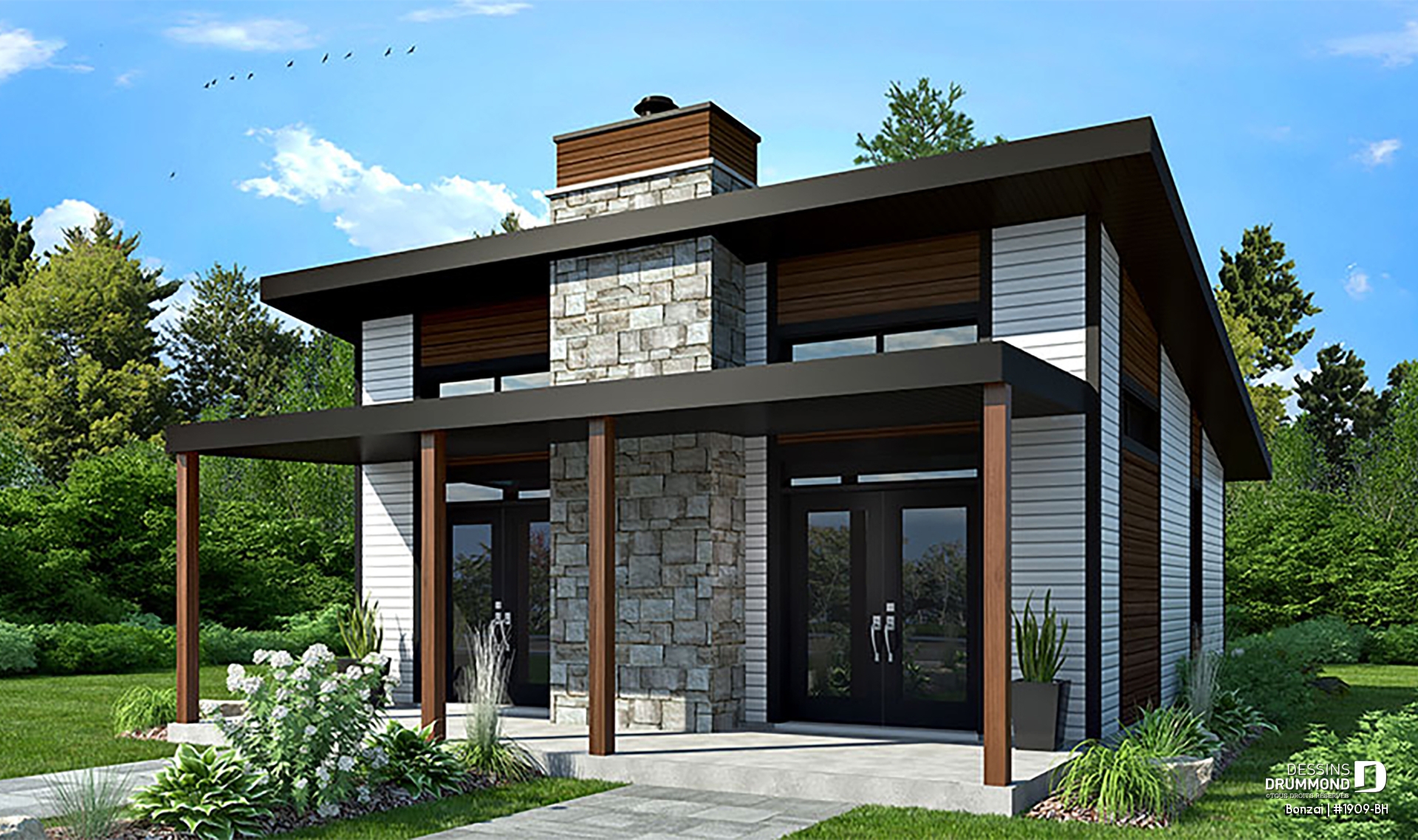 Vue avant - MODÈLE DE BASE - Plan de petite maison ou chalet moderne, joli balcon abrité, 2 chambres, foyer central et aire ouverte - Bonzai