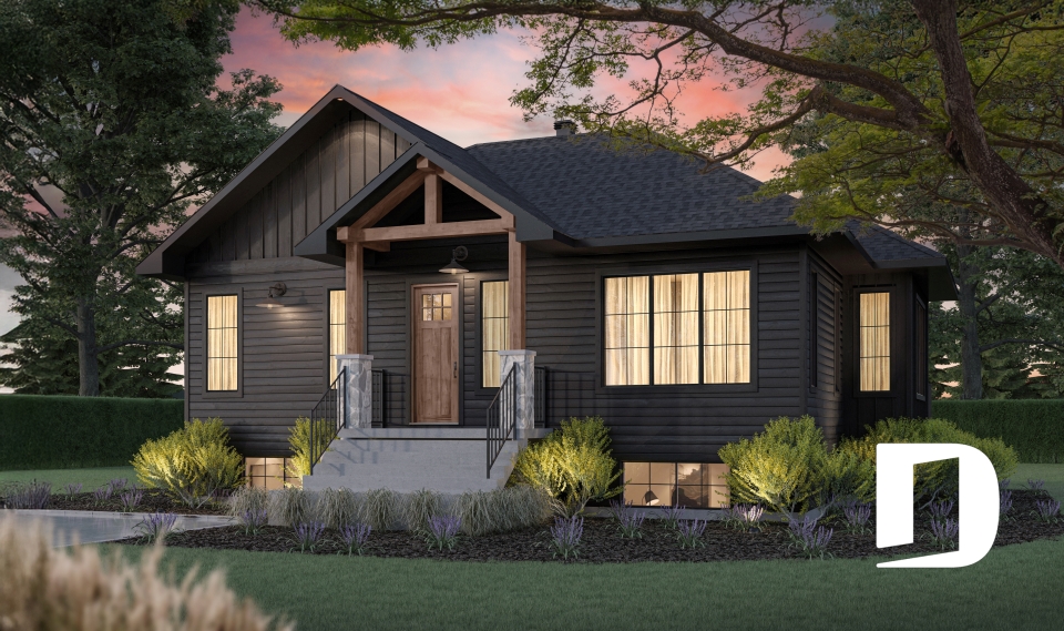 Vue avant - MODÈLE DE BASE - Plan de maison plain-pied Farmhouse, chambre parents au rez-de-chaussée, s-sol aménagé optionnel ($) - Ripley 3