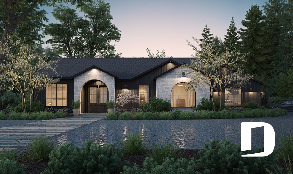 Vue avant - MODÈLE DE BASE - Modèle plain-pied de 3 chambres avec bureau, maison sur dalle, inspiration belge, garage double - Andrews