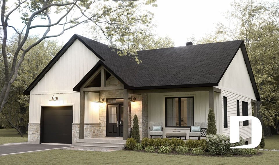 Vue avant - MODÈLE DE BASE - Modèle de maison champêtre de 2 à 4 chambres, sous-sol aménagé optionnel ($), garage, aire ouverte - Oakvale