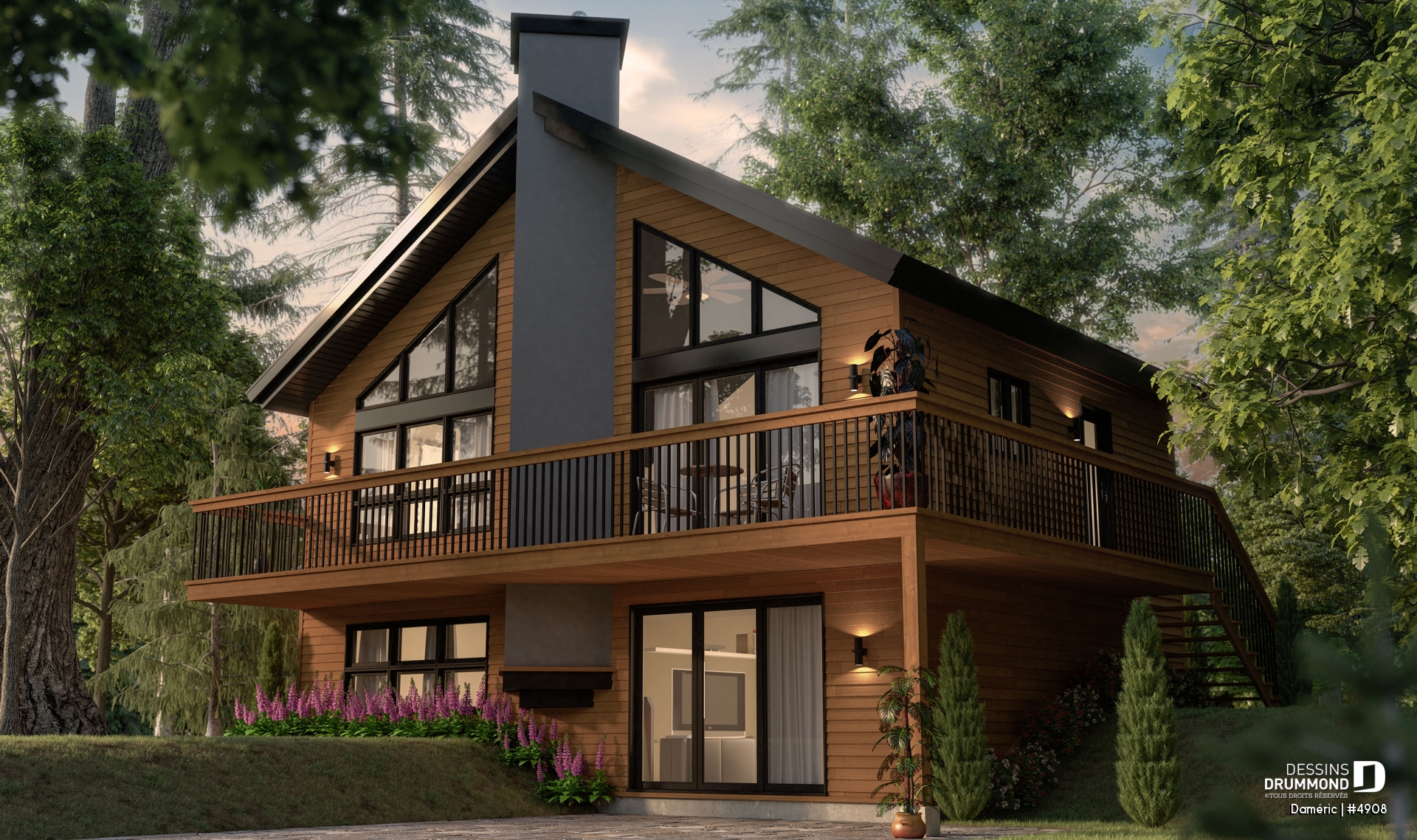 Vue avant - MODÈLE DE BASE - Plan de chalet de ski rustique avec sous-sol en rez-de-jardin, 2 salons, 3 chambres, 2 salles de bain, foyers - Daméric