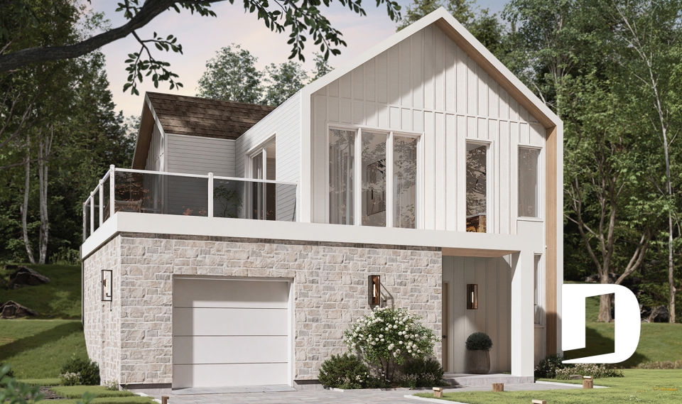 Vue avant - MODÈLE DE BASE - Plan de maison avec planchers inversés, 3 chambres au rez-de-chaussée et aire commune à l'étage - Auguste 2