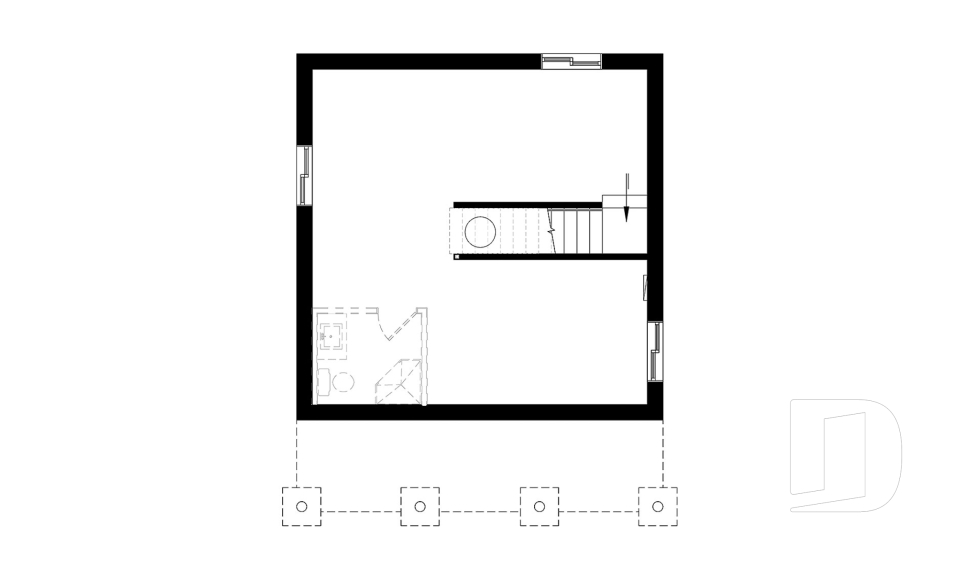 Sous-sol - Plan de chalet économique avec sous-sol, balcon couvert, une chambre, poêle à bois, cathédral - Le Relais 2