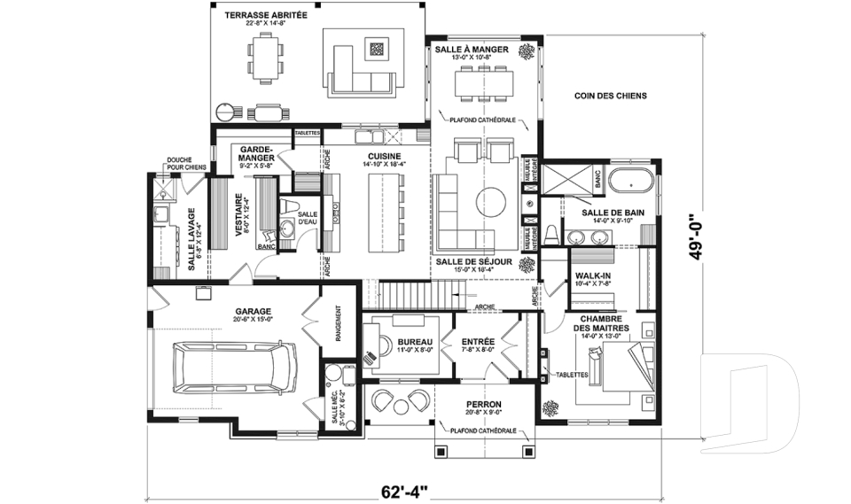 Rez-de-chaussée - Maison style Moderne Français sur dalle proposant garage, 3 à 4 chambres, aire ouverte, vestiaire et plus! - Gable House