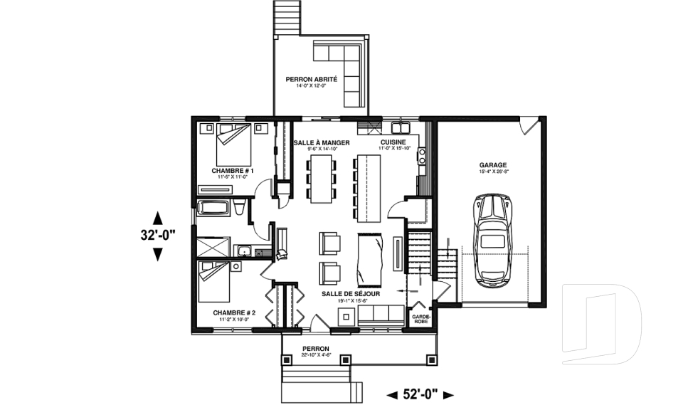 Rez-de-chaussée - Plan de maison Crafsman 2 chambres, garage, aire ouverte, garde-manger, chute à linge - Nordika 5