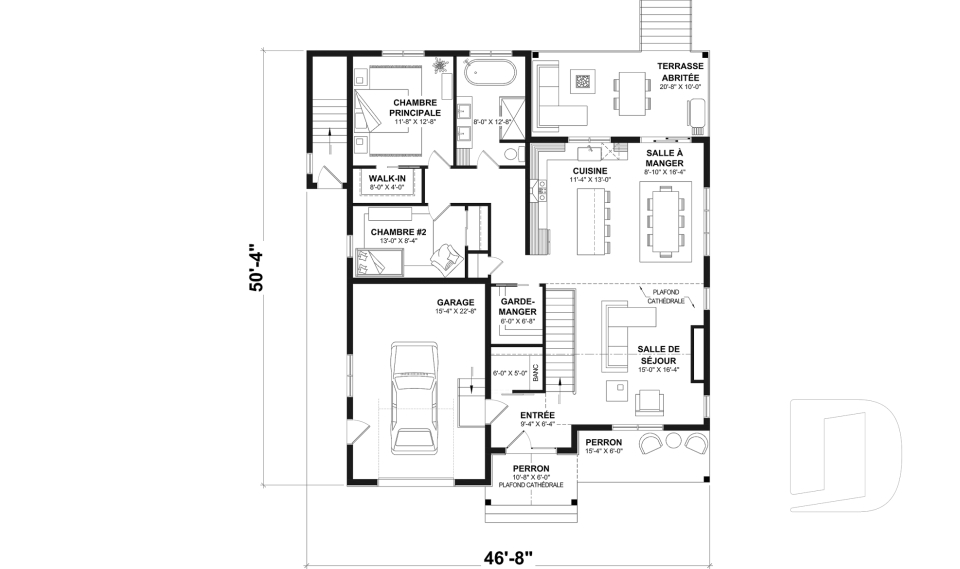 Rez-de-chaussée - Modèle de maison champêtre de 2 à 4 chambres, sous-sol aménagé optionnel ($), garage, aire ouverte - Oakvale