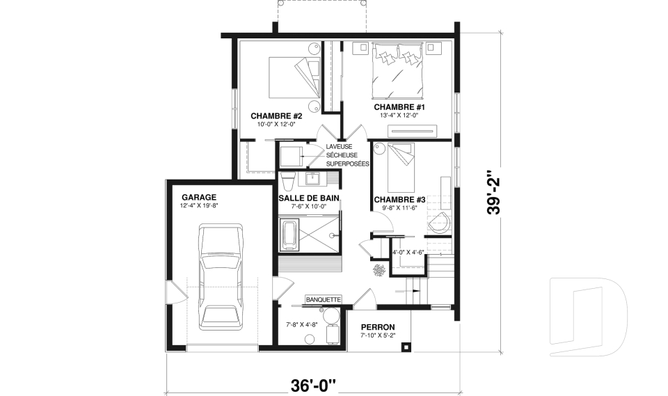 Rez-de-chaussée - Plan de maison avec planchers inversés, 3 chambres au rez-de-chaussée et aire commune à l'étage - Auguste 2